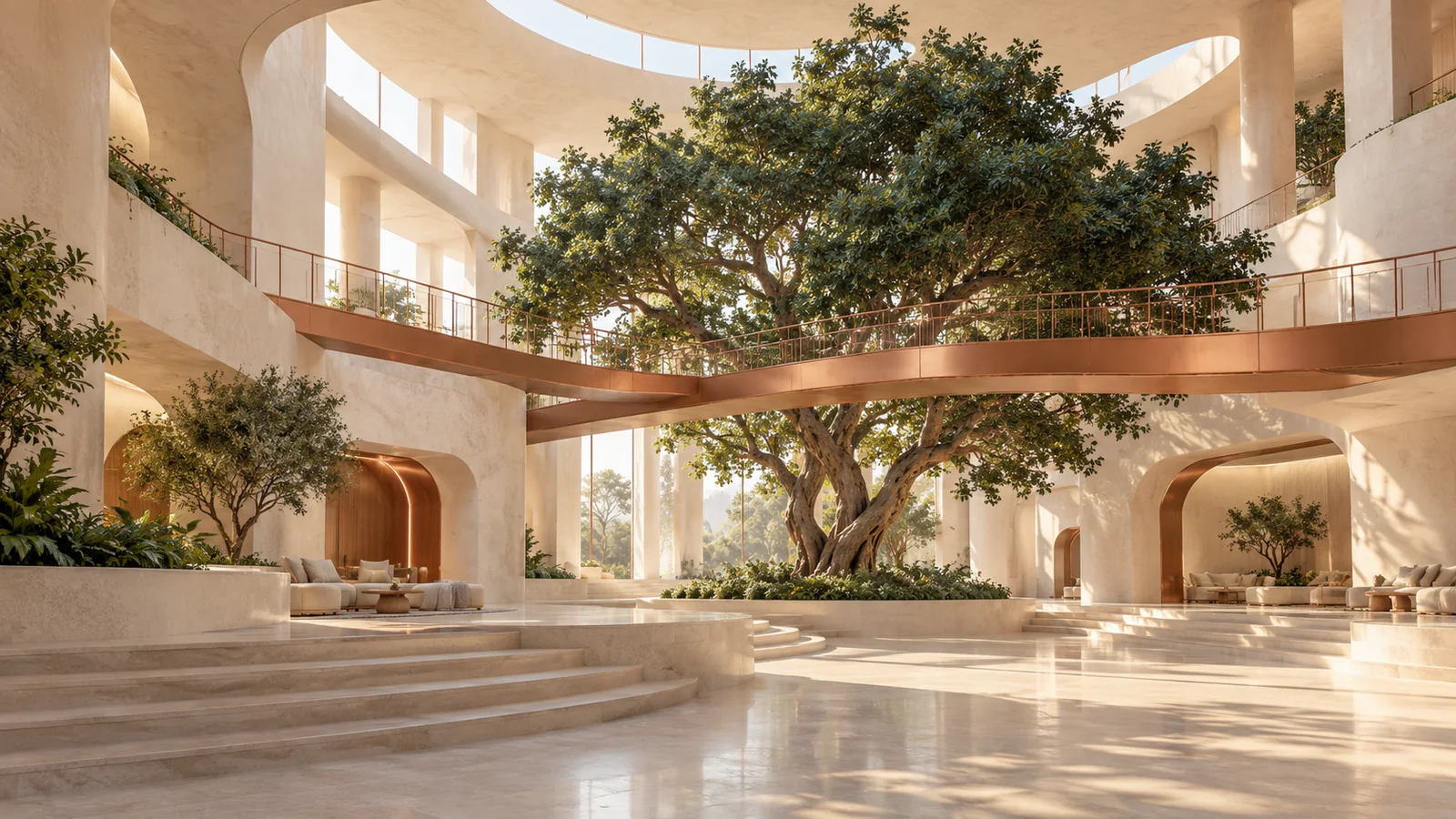 Sunlight fills an imagined limestone atrium with copper walkways surrounding a tree.